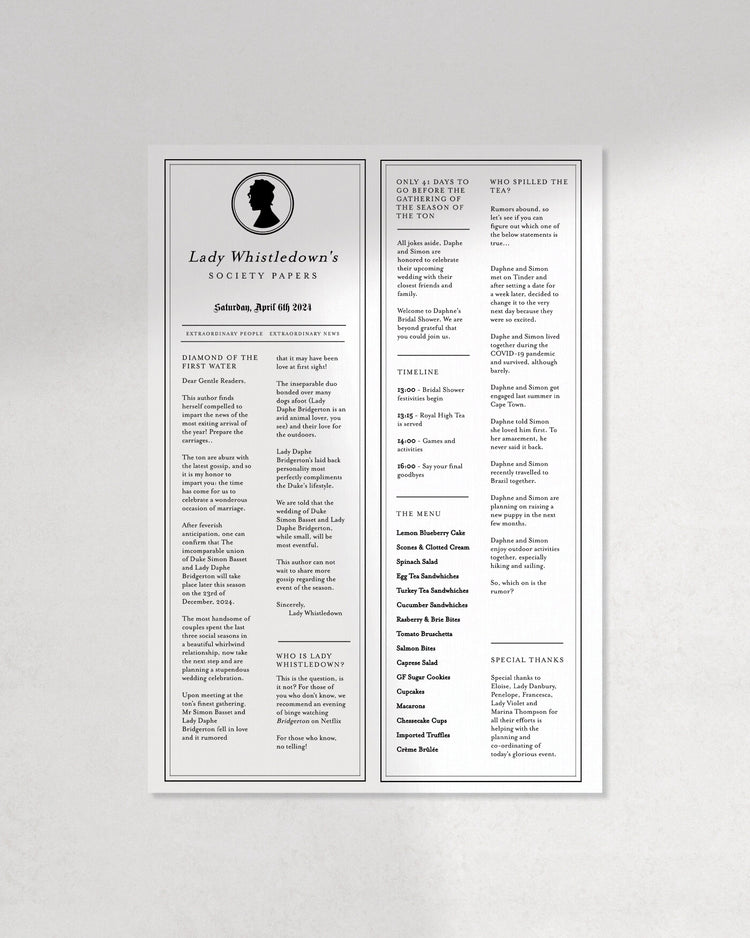 Lady Whistledown Bridal Shower Program